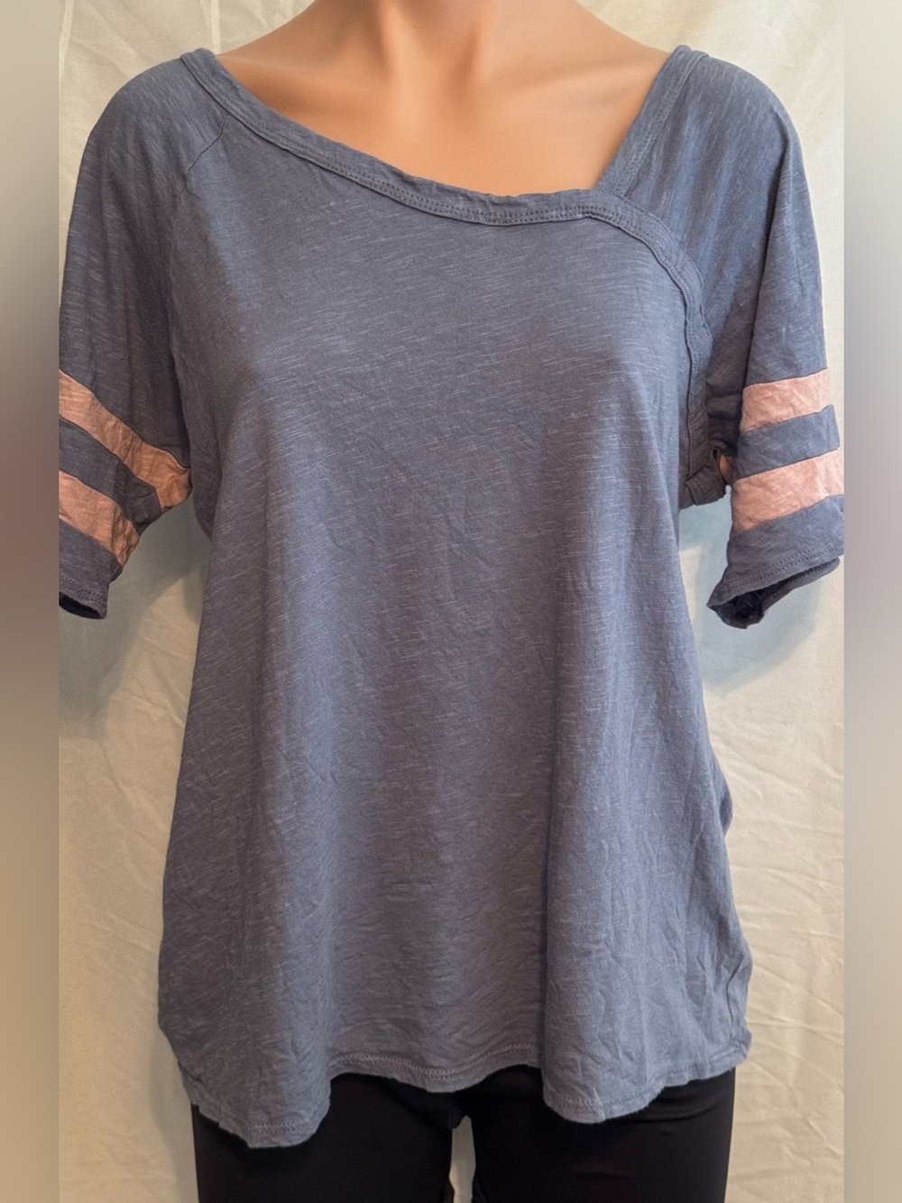 1.4.3. Story by Line Up Slate Blue Scoop-Neck Top with Pink Sleeve Stripes